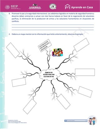 Recopilación y/o edición
María Fernanda Reséndiz Mejía
Asesor Técnico Pedagógico de Telesecundarias
8. Promover la paz y la seguridad internacional. Los adelantos logrados en materia de seguridad humana y
desarme deben animarnos a actuar con más fuerza todavia en favor de la negociación de soluciones
pacíficas, la eliminación de la produccion de armas y las soluciones humanitarias en situaciones de
conflicto.
____________________________________________________________________________________
____________________________________________________________________________________
____________________________________________________________________________________
2. Elabora un mapa mental con la información que leíste anteriormente, observa el ejemplo.
 