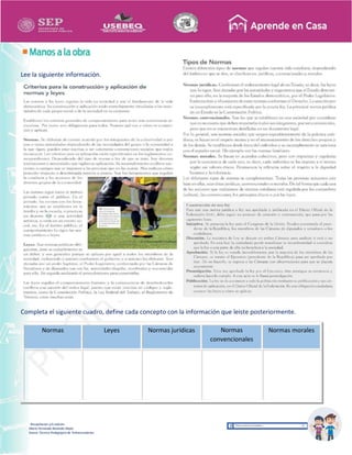 Recopilación y/o edición
María Fernanda Reséndiz Mejīa
Asesor Técnico Pedagógico de Telesecundarias
Lee la siguiente información.
Completa el siguiente cuadro, define cada concepto con la información que leiste posteriormente.
Normas Leyes Normas jurídicas Normas
convencionales
Normas morales
 