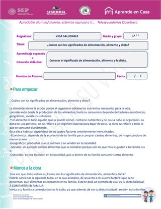 Recopilación y/o edición
Ana Laura Quintanar Martínez
Asesor Técnico Pedagógico de Telesecundarias
1º “ ”
Apreciable alumna/alumno, estamos aquí para ti… Telesecundarias Querétaro
¿Cuáles son los significados de alimentación, alimento y dieta?
La alimentación es la acción donde el organismo obtiene los nutrientes necesarios para la vida,
considerando desde la producción de los alimentos, hasta su consumo y depende de factores económicos,
geográficos, sociales y culturales.
Y el alimento es todo aquello que se puede comer, contiene nutrientes y no causa daño al organismo. La
dieta de una persona, no se refiere a un régimen especial para bajar de peso, la dieta se refiere a todo lo
que se consume diariamente.
Esta dieta habitual dependerá de los cuatro factores anteriormente mencionados.
-Económicos: depende de la economía de tu familia para comprar ciertos alimentos, de mayor precio o de
menor precio.
-Geográficos: productos que se cultivan o se venden en tu localidad.
-Sociales: un ejemplo son los alimentos que se compran porque son los que más le gustan a tu familia o a
ti.
-Culturales: es una tradición en tu localidad, país o dentro de tu familia consumir cierto alimento.
Una vez que diste lectura a ¿Cuáles son los significados de alimentación, alimento y dieta?
Podrás contestar la siguiente tabla, en la que anotarás, de acuerdo a los cuatro factores que se te
presentan, qué alimentos se consumen en tu familia. Esto te dará un ejemplo de cuál es tu dieta habitual.
A COMPARTIR EN FAMILIA
Invita a tu familia a contestar juntos la tabla, ya que además de ser tu dieta habitual también es la de ellos.
¿Cuáles son los significados de alimentación, alimento y dieta?
VIDA SALUDABLE
Conocer el significado de alimentación, alimento y la dieta.
/ /
 