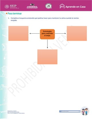 Recopilación y/o edición
María Fernanda Reséndiz Mejía
Asesor Técnico Pedagógico de Telesecundarias
1. Completa el esquema anotando qué podrías hacer para mantener la calma cuando te sientes
enojado
Estrategias
para controlar
el enojo.
 