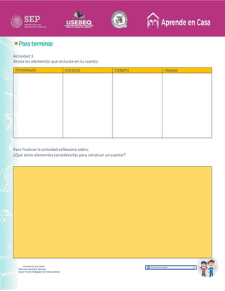 Recopilación y/o edición
Ana Laura Quintanar Martínez
Asesor Técnico Pedagógico de Telesecundarias
Actividad 3.
Anota los elementos que incluiste en tu cuento.
PERSONAJES ESPACIO TIEMPO TRAMA
Para finalizar la actividad reflexiona sobre:
¿Qué otros elementos considerarías para construir un cuento?
 