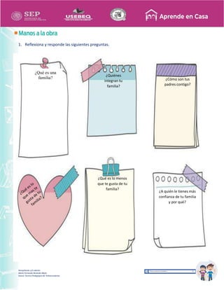 Recopilación y/o edición
María Fernanda Reséndiz Mejía
Asesor Técnico Pedagógico de Telesecundarias
1. Reflexiona y responde las siguientes preguntas.
¿Qué es una
familia?
¿Quiénes
integran tu
familia?
¿Cómo son tus
padres contigo?
¿Qué es lo menos
que te gusta de tu
familia?
¿A quién le tienes más
confianza de tu familia
y por qué?
 