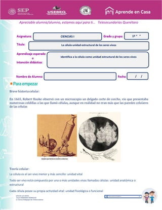 Recopilación y/o edición
MA. OLGA HERNANDEZ RODRIGUEZ
Asesor Técnico Pedagógico de Telesecundarias
1º “ ”
Apreciable alumna/alumno, estamos aquí para ti… Telesecundarias Querétaro
Breve historia celular:
En 1665, Robert Hooke observó con un microscopio un delgado corte de corcho, vio que presentaba
numerosas celdillas a las que llamó células, aunque en realidad no eran más que las paredes celulares
de las células
Teoría celular:
La célula es el ser vivo menor y más sencillo: unidad vital
Todo ser vivo está compuesto por una o más unidades vivas llamadas células: unidad anatómica o
estructural
Cada célula posee su propia actividad vital: unidad fisiológica o funcional
CIENCIAS I
La célula unidad estructural de los seres vivos
Identifica a la célula como unidad estructural de los seres vivos
/ /
 