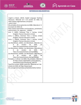 Recopilación y/o edición
Alicia Domínguez García
Asesor Técnico Pedagógico de Telesecundarias
REFERENCIAS BIBLIOGRÁFICAS
English w Sheets. (2014). English Language Teaching
Resources. Obtenido em 5 de octubre de 2020, de
https://www.englishwsheets.com/posse
ssives-2.html
ESL printables (6 de septiembre de 2008). Obtenido el 8
de octubre de 2020, de:
https://www.eslprintables.com/vocabulary_worksheets/
colours/colors_for_beginners__101835/
Jervi, S. (2001). Grammar Time 1. Harlow, United
Kingdom: Pearson Education Limited.
Jervis, S. (2001a). Grammar Time 1. Harlow, United
Kingdom: Pearson Education Limited.
Jervis, S. (2001b). Grammar Time 1. Harlow, United
Kingdom: Pearson Education Limited.
Live WorkSheets. (2020). Live Worksheets. Obtenido em
8 de octubre de 2020, de
https://es.liveworksheets.com/bm316pl
Live Worksheets. (2020a). Live Worksheets. Obtenido em
8 de octubre de 2020, de
https://es.liveworksheets.com/op16484ju
Live Worksheets. (2020b). Live Worksheets. Obtenido em
8 de octubre de 2020, de
https://es.liveworksheets.com/ug109381gr
Printables, E. (20 de 1 de 2009). ESL printables. Obtenido
de https://www.eslprintables.com/vocabulary_
worksheets/colours/Colouring_166171/
TeachThis Limited. (2020). teach-this. Obtenido em 5 de
octubre de 2020, de https://www.teach-
this.com/general-activities-worksheets/clothes-fashion
 