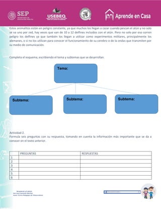 Recopilación y/o edición
Ana Laura Quintanar Martínez
Asesor Técnico Pedagógico de Telesecundarias
Estos animalitos están en peligro constante, ya que muchos los llegan a cazar cuando pescan el atún y no solo
se va uno por red, hay veces que van de 10 a 12 delfines incluidos con el atún. Pero no solo por eso corren
peligro los delfines ya que también los llegan a utilizar como experimentos militares, principalmente los
alemanes, o si no los utilizan para conocer el funcionamiento de su cerebro o de la ondas que transmiten por
su medio de comunicación.
Completa el esquema, escribiendo el tema y subtemas que se desarrollan.
Actividad 2.
Formula seis preguntas con su respuesta, tomando en cuenta la información más importante que se da a
conocer en el texto anterior.
PREGUNTAS RESPUESTAS
1
2
3
4
5
6
Tema:
Subtema: Subtema: Subtema:
 