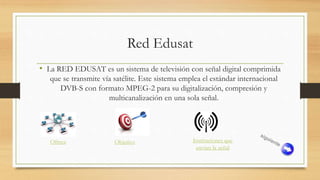 Red Edusat
• La RED EDUSAT es un sistema de televisión con señal digital comprimida
que se transmite vía satélite. Este sistema emplea el estándar internacional
DVB-S con formato MPEG-2 para su digitalización, compresión y
multicanalización en una sola señal.
Ofrece Instituciones que
envían la señal
Objetivo
 