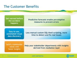 The Customer Benefits

Get warned before
the accident
happens

Easy to use,
automated visual
data discovery

Less manual custom SQL/shell scripting, more
time to detect and fix real issues

Satisfy stakeholder
needs with
faster insights

13

Predictive forecasts enable pre-emptive
measures to prevent errors

Help your stakeholder departments with insights
derived from mediation layer

© Comptel Corporation 2013

JOINT CONFIDENTIAL

 
