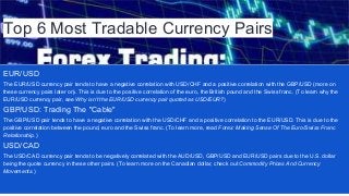 Top 6 Most Tradable Currency Pairs
EUR/USD
The EUR/USD currency pair tends to have a negative correlation with USD/CHF and a positive correlation with the GBP/USD (more on
these currency pairs later on). This is due to the positive correlation of the euro, the British pound and the Swiss franc. (To learn why the
EUR/USD currency pair, see Why isn't the EUR/USD currency pair quoted as USD/EUR?)
GBP/USD: Trading The "Cable"
The GBP/USD pair tends to have a negative correlation with the USD/CHF and a positive correlation to the EUR/USD. This is due to the
positive correlation between the pound, euro and the Swiss franc. (To learn more, read Forex: Making Sense Of The Euro/Swiss Franc
Relationship.)
USD/CAD
The USD/CAD currency pair tends to be negatively correlated with the AUD/USD, GBP/USD and EUR/USD pairs due to the U.S. dollar
being the quote currency in these other pairs. (To learn more on the Canadian dollar, check out Commodity Prices And Currency
Movements.)
 
