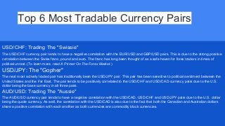 Top 6 Most Tradable Currency Pairs
USD/CHF: Trading The "Swissie"
The USD/CHF currency pair tends to have a negative correlation with the EUR/USD and GBP/USD pairs. This is due to the strong positive
correlation between the Swiss franc, pound and euro. The franc has long been thought of as a safe haven for forex traders in times of
political unrest. (To learn more, read A Primer On The Forex Market.)
USD/JPY: The "Gopher"
The next most actively traded pair has traditionally been the USD/JPY pair. This pair has been sensitive to political sentiment between the
United States and the Far East. The pair tends to be positively correlated to the USD/CHF and USD/CAD currency pairs due to the U.S.
dollar being the base currency in all three pairs.
AUD/USD: Trading The "Aussie"
The AUD/USD currency pair tends to have a negative correlation with the USD/CAD, USD/CHF and USD/JPY pairs due to the U.S. dollar
being the quote currency. As well, the correlation with the USD/CAD is also due to the fact that both the Canadian and Australian dollars
share a positive correlation with each another as both currencies are commodity block currencies.
 