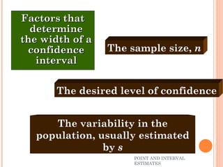 POINT AND INTERVAL ESTIMATES Factors that determine the width of a confidence interval The sample size,  n The variability in the population, usually estimated by  s The desired level of confidence 
