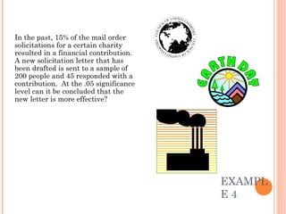 EXAMPLE 4 In the past, 15% of the mail order solicitations for a certain charity resulted in a financial contribution.  A new solicitation letter that has been drafted is sent to a sample of 200 people and 45 responded with a contribution.  At the .05 significance level can it be concluded that the new letter is more effective? 
