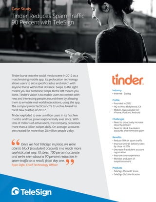 Tinder burst onto the social media scene in 2012 as a
matchmaking mobile app. Its geolocation technology
allows users to set a specific radius and match with
anyone that is within that distance. Swipe to the right
means you like someone; swipe to the left means you
don’t. Tinder’s vision is to enable users to connect with
new and interesting people around them by allowing
them to emulate real world interactions, using the app.
The company won TechCrunch’s Crunchie Award for
“Best New Startup of 2013.”
Tinder exploded to over a million users in its first few
months and has grown exponentially ever since. With
tens of millions of active users, the company processes
more than a billion swipes daily. On average, accounts
are created for more than 25 million people a day.
Industry
• Internet - Dating
Profile
• Founded in 2012
• HQ in West Hollywood, CA
• Mobile App Available on
iPhone, iPad and Android
Challenges
• Need to proactively increase
security posture
• Need to block fraudulent
accounts and eliminate spam
Benefits
• Reduce 90% of spam traffic
• Improve overall delivery rates
by close to 20%
• Decrease fraudulent account
registration
• Improve user experience
• Monitor and alert of
suspicious users
Products
• TeleSign PhoneID Score
• TeleSign SMS Verification
Case Study
Tinder Reduces Spam Traffic
90 Percent with TeleSign
Once we had TeleSign in place, we were
able to block fraudulent accounts in a much more
sophisticated way. It’s been 100 percent accurate
and we’ve seen about a 90 percent reduction in
spam traffic as a result, from day one.
Ryan Ogle, Chief Technology Officer
 