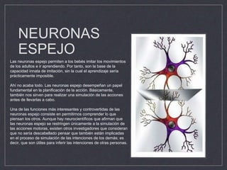 NEURONAS
ESPEJO
Las neuronas espejo permiten a los bebés imitar los movimientos
de los adultos e ir aprendiendo. Por tanto, son la base de la
capacidad innata de imitación, sin la cual el aprendizaje sería
prácticamente imposible.
Ahí no acaba todo. Las neuronas espejo desempeñan un papel
fundamental en la planificación de la acción. Básicamente,
también nos sirven para realizar una simulación de las acciones
antes de llevarlas a cabo.
Una de las funciones más interesantes y controvertidas de las
neuronas espejo consiste en permitirnos comprender lo que
piensan los otros. Aunque hay neurocientíficos que afirman que
las neuronas espejo se restringen únicamente a la simulación de
las acciones motoras, existen otros investigadores que consideran
que no sería descabellado pensar que también están implicadas
en el proceso de simulación de las intenciones de los demás; es
decir, que son útiles para inferir las intenciones de otras personas.
 