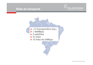 All rights reserved © 2010, Telespazio
Rede de transporte
● + 6 Transponders (eq.)
● + 900Mbps
● 3 satellites
● 31 links
● 12 links de 34Mbps
 