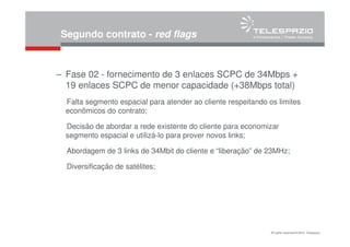 All rights reserved © 2010, Telespazio
Segundo contrato - red flags
– Fase 02 - fornecimento de 3 enlaces SCPC de 34Mbps +
19 enlaces SCPC de menor capacidade (+38Mbps total)
Falta segmento espacial para atender ao cliente respeitando os limites
econômicos do contrato;
Decisão de abordar a rede existente do cliente para economizar
segmento espacial e utilizá-lo para prover novos links;
Abordagem de 3 links de 34Mbit do cliente e “liberação” de 23MHz;
Diversificação de satélites;
 