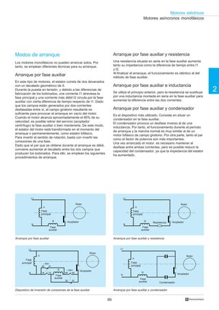 Motores eléctricos
                                                                                                                     Motores asíncronos monofásicos




Modos de arranque                                                                      Arranque por fase auxiliar y resistencia
Los motores monofásicos no pueden arrancar solos. Por                                  Una resistencia situada en serie en la fase auxiliar aumenta
tanto, se emplean diferentes técnicas para su arranque.                                tanto su impedancia como la diferencia de tiempo entre l1
                                                                                       y l2.
                                                                                       Al finalizar el arranque, el funcionamiento es idéntico al del
Arranque por fase auxiliar                                                             método de fase auxiliar.
En este tipo de motores, el estator consta de dos devanados
con un decalado geométrico de 9.                                                       Arranque por fase auxiliar e inductancia
Durante la puesta en tensión, y debido a las diferencias de
fabricación de los bobinados, una corriente I1 atraviesa la                            Se utiliza el principio anterior, pero la resistencia se sustituye
                                                                                                                                                                2
fase principal y una corriente más débil I2 circula por la fase                        por una inductancia montada en serie en la fase auxiliar para
auxiliar con cierta diferencia de tiempo respecto de I1. Dado                          aumentar la diferencia entre las dos corrientes.
que los campos están generados por dos corrientes
desfasadas entre sí, el campo giratorio resultante es                                  Arranque por fase auxiliar y condensador
suficiente para provocar el arranque en vacío del motor.
                                                                                       Es el dispositivo más utilizado. Consiste en situar un
Cuando el motor alcanza aproximadamente el 80% de su
                                                                                       condensador en la fase auxiliar.
velocidad, es posible retirar del servicio (acoplador
                                                                                       El condensador provoca un desfase inverso al de una
centrífugo) la fase auxiliar o bien mantenerla. De este modo,
                                                                                       inductancia. Por tanto, el funcionamiento durante el período
el estator del motor está transformado en el momento del
                                                                                       de arranque y la marcha normal es muy similar al de un
arranque o permanentemente, como estator bifásico.
                                                                                       motor bifásico de campo giratorio. Por otra parte, tanto el par
Para invertir el sentido de rotación, basta con invertir las
                                                                                       como el factor de potencia son más importantes.
conexiones de una fase.
                                                                                       Una vez arrancado el motor, es necesario mantener el
Dado que el par que se obtiene durante el arranque es débil,
                                                                                       desfase entre ambas corrientes, pero es posible reducir la
conviene aumentar el decalado entre los dos campos que
                                                                                       capacidad del condensador, ya que la impedancia del estator
producen los bobinados. Para ello, se emplean los siguientes
                                                                                       ha aumentado.
procedimientos de arranque.




                L1                                                                               L1

                                                                Rotor                                                                              Rotor
                           I1                                                                               I1
                          Fase                                                                         Fase
                          principal                                                                    principal

                                      I2               Acoplador                                                        I2
                                                                                                                              Resistencia   Acoplador
                N                                                                                N
                                  Fase                                                                              Fase
                                 auxiliar                                                                          auxiliar


Arranque por fase auxiliar                                                             Arranque por fase auxiliar y resistencia


           L1                                                                               L1
                                                                          Rotor
                     I1                                                                                                                                 Rotor
                                                                                                       I1
         Fase
     principal             – KA1                                                                      Fase
                          22   21                                                                     principal
                                             I2        – KA1       Acoplador                                       I2
           N              14    13                    44   43
                                                                                             N                                                   Acoplador
                                            Fase
                                           auxiliar                                                               Fase
                                                      32   31                                                    auxiliar          Condensador

Dispositivo de inversión de conexiones de la fase auxiliar                             Arranque por fase auxiliar y condensador


                                                                                  89                                                                    †
 