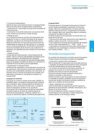 Tratamiento de datos
105
3
†
o Funciones complementarias
Además de estos cuatro elementos básicos, el lenguaje Grafcet
dispone de instrucciones complementarias, principalmente:
– la derivación en Y para programar la ejecución simultánea de
varias secuencias,
– la derivación en O permite seleccionar una secuencia entre
varias, el retorno de secuencia o el salto de etapa.
o Grafcet de nivel 1
Es un Grafcet funcional que describe el funcionamiento de la
instalación sin tener en cuenta la tecnología de los equipos
empleados. Constituye una herramienta descriptiva para el
pliego de condiciones, en el que tanto las acciones como las
receptividades se expresan de forma literaria, en un lenguaje
común a todos los participantes. Permite definir claramente la
secuencia cronológica de las acciones y las condiciones de
regulación y de seguridad que hacen posible el funcionamiento
deseado.
o Grafcet de nivel 2
También llamado Grafcet operativo, emana directamente del
anterior. Tiene en cuenta las particularidades tecnológicas de los
equipos (naturaleza y características de los captadores,
accionadores, etc.). Las variables del autómata (entradas/salidas,
etapas de contadores, resultados de cálculos, etc.) intervienen en
la descripción de las acciones y de las receptividades.
o Programación en lenguaje Grafcet
Grafcet se limita a garantizar el encadenamiento secuencial de
las operaciones. Para describir las condiciones asociadas a las
acciones y las receptividades asociadas a las transiciones, es
necesario recurrir a otro tipo de lenguaje que se adapte a los
tratamientos combinatorios: el lenguaje de contactos o el
lenguaje literal.
Lenguaje de contactos
El lenguaje de contactos, también denominado LADDER, es
totalmente gráfico y se adapta al tratamiento lógico simple de
tipo combinatorio. Utiliza símbolos gráficos de contactos de
apertura y cierre y de bobinas. De este modo, un programa
escrito en lenguaje de contactos no es una lista de
instrucciones, sino el clásico esquema eléctrico desarrollado.
Es posible insertar en las redes de contactos bloques de
funciones de temporizadores, contadores, registros, etc., y
bloques de operaciones lógicas y aritméticas preprogramados.
Lógica programable
Terminales de programación de los autómatas TSX 7
Lenguaje literal
El lenguaje literal es un lenguaje evolucionado que ofrece al
usuario amplias posibilidades: programación de funciones
simples, tales como comprobaciones o acciones sobre bits,
palabras y bloques de función, y programación de funciones
más complejas, tales como operaciones lógicas o aritméticas,
manipulación de tablas de datos, etc.
El elemento básico de la programación es la frase literal, que
puede ser de tres tipos:
– frase de acción para actuar directamente sobre objetos bit o
palabra y realizar una acción o serie de acciones,
– frase condicional en la que las acciones dependen del resultado
de una o varias comprobaciones (IF…, THEN…, ELSE…),
– frase iterativa en la que las acciones están condicionadas al
resultado de una comprobación y se ejecutan mientras ésta
sea verdadera (WHILE…, DO…).
Terminales de programación
Su cometido es la introducción y la puesta a punto del programa.
También disponen de funciones de ajuste y de diagnóstico.
o Introducción y puesta a punto del programa
Para la introducción, la mayor parte de los terminales funcionan:
– conectados al autómata (funcionamiento en línea). El programa
se introduce directamente en la memoria del autómata.
– sin conexión al autómata (funcionamiento autónomo). El
programa se introduce en la memoria del terminal y se
transfiere más tarde a la memoria del autómata.
El terminal controla la sintaxis durante la introducción y
muestra un mensaje en caso de error.
Durante la puesta a punto del programa, el usuario puede ver
su desarrollo en pantalla y establecer puntos de interrupción
que permiten analizar una situación anómala o identificar el
origen de un problema de funcionamiento.
o Ajuste y diagnóstico de los autómatas
Todos los terminales de programación permiten ajustar los
parámetros de funcionamiento (umbrales, temporización, etc.)
durante el uso de los equipos.
El modo de diagnóstico permite visualizar el estado de
funcionamiento de los autómatas y localizar rápidamente
posibles defectos en las entradas y salidas.
Terminal de bolsillo TSX T317
Portátil de programación
note-book FTX 417
PuestodetrabajoFTX517
TerminalportátilTSXT407
Lenguaje de contactos
K1
K1
K1
K2
I1,1
OØ,Ø
OØ,Ø I1,1 OØ,ØI1,5
OØ,Ø OØ,Ø
OØ,1
contactos
bobinas
I (x,y) entradas
O (u,v) salidas
redesdecontactos
programación
 