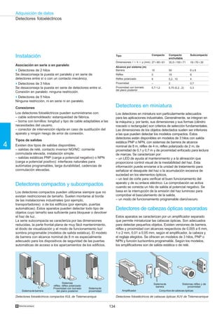 134
Adquisición de datos
4
†
Detectores fotoeléctricos
Instalación
Asociación en serie o en paralelo
o Detectores de 2 hilos
Se desaconseja la puesta en paralelo y en serie de
detectores entre sí o con un contacto mecánico.
o Detectores de 3 hilos
Se desaconseja la puesta en serie de detectores entre sí.
Conexión en paralelo: ninguna restricción.
o Detectores de 5 hilos
Ninguna restricción, ni en serie ni en paralelo.
Conexiones
Los detectores fotoeléctricos pueden suministrarse con:
– cable sobremoldeado: estanqueidad de fábrica.
– borna con tornillos: longitud y tipo de cable adaptables a las
necesidades del usuario.
– conector de intervención rápida en caso de sustitución del
aparato y ningún riesgo de error de conexión.
Tipos de salidas
Existen dos tipos de salidas disponibles:
– salidas de relé, contacto inversor NO/NC: corriente
conmutada elevada, instalación simple.
– salidas estáticas PNP (carga a potencial negativo) o NPN
(carga a potencial positivo): interfaces naturales para
autómatas programables, larga durabilidad, cadencias de
conmutación elevadas.
Detectores compactos y subcompactos
Los detectores compactos pueden utilizarse siempre que no
existan restricciones de tamaño. Suelen montarse al borde
de las instalaciones industriales (por ejemplo,
transportadores) o de los edificios (por ejemplo, puertas
automáticas). Estos aparatos pueden detectar todo tipo de
objetos cuyo tamaño sea suficiente para bloquear o devolver
el haz de luz.
La serie subcompacta se caracteriza por las dimensiones
reducidas, la parte frontal plana de muy fácil mantenimiento,
el diodo de visualización y el modo de funcionamiento luz/
sombra programable (modelos de salida estática). El modelo
de barrera con alcance nominal de 8 m es especialmente
adecuado para los dispositivos de seguridad de las puertas
automáticas de acceso a los aparcamientos de los edificios.
Detectores fotoeléctricos compactos XUL de Telemecanique
Tipo
Dimensiones: l ϫ h ϫ p (mm)
Alcance por sistema (m)
Barrera
Réflex
Réflex polarizado
Proximidad
Proximidad con borrado
del plano posterior
Compacto
27ϫ85ϫ61
15
0
6
–
0,7-1,2
Compacto
enchufable
35,5ϫ100ϫ71
50
15
0,2...10
2
0,75 (0,2...2)
Subcompacto
18ϫ70ϫ35
6 o 8
6
4
0,7
0,3
Detectores en miniatura
Los detectores en miniatura son particularmente adecuados
para las aplicaciones industriales. Generalmente, se integran en
la máquina y, por tanto, sus dimensiones y sus formas (cilindro
roscado o rectangular) son criterios de selección fundamentales.
Las dimensiones de los objetos detectados suelen ser inferiores
a las que pueden detectar los modelos compactos. Estos
detectores están disponibles en modelos de 3 hilos con salida
estática PNP o NPN, con sistemas de barrera de alcance
nominal de 8 m, réflex de 4 m, réflex polarizado de 2 m, de
proximidad de 0,1 y 0,7 m y de proximidad enfocado para lectura
de marcas. Se caracterizan por:
– un LED de ayuda al mantenimiento y a la alineación que
proporciona control visual de la inestabilidad del haz. Esta
información puede enviarse a la unidad de tratamiento para
señalizar el desajuste del haz o la acumulación excesiva de
suciedad en los elementos ópticos,
– un test de corte para verificar el buen funcionamiento del
aparato y de su enlace eléctrico. La comprobación se activa
cuando se conecta un hilo de salida al potencial negativo. Se
basa en la interrupción de la emisión del haz luminoso para
comprobar el basculamiento de la salida,
– un modo de funcionamiento programable claro/oscuro.
Detectores de cabezas ópticas separadas
Estos aparatos se caracterizan por un amplificador separado
que permite miniaturizar las cabezas ópticas. Son adecuados
para detectar pequeños objetos. Existen versiones de barrera,
réflex y proximidad con alcances respectivos de 0,005 a 6 mm,
1 o 2 mm, 0,01 a 0,05 mm, según el amplificador, la cabeza y
el reglaje elegidos. Se ofrecen en modelos de 3 hilos, PNP o
NPN y función luz/sombra programable. Según los modelos,
los amplificadores son de salida estática o de relé.
Detectores fotoeléctricos de cabezas ópticas XUV de Telemecanique
Sistemadebarrera
Sistemas
réflex, réflex polarizado
Proximidad con borrado
del plano posterior
Sistemade
proximidad Amplificador Conjuntos de cabezas ópticas
Sistemade
barrera
Sistemas réflex y de
proximidad
 