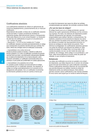 140
Adquisición de datos
4
†
Otros sistemas de adquisición de datos
Código Gray
Acción de la señal de bloqueo MX
la unidad de tratamiento sea capaz de utilizar las señales
complementadas (por ejemplo, los controles numéricos NUM).
¿Por qué dos tipos de códigos?
El código binario puro es un código ponderado: permite
efectuar las cuatro operaciones aritméticas con los números
que expresa. Por tanto, los sistemas de tratamiento pueden
utilizarlo directamente (por ejemplo, los autómatas
programables) para realizar cálculos o comparaciones. No
obstante, presenta el inconveniente de disponer de varios
bits que cambian de estado entre dos posiciones. Dado que
los cambios no pueden ser rigurosamente síncronos, la
lectura es ambigua en cada cambio de posición. Para
eliminar la ambigüedad, los codificadores absolutos generan
una señal de inhibición que bloquea las salidas en cada
cambio de estado. El código Gray, en el que sólo un bit
cambia de estado a la vez, es otro medio de evitar este
problema. Sin embargo, dicho código no es ponderado y, por
tanto, debe transcodificarse en binario antes de poder ser
utilizado, lo que complica el tratamiento.
Multiplexado
Los datos del codificador se envían en paralelo a la unidad
de tratamiento, que debe disponer de un número de entradas
igual al de bits transmitidos por cada codificador conectado.
Ciertos codificadores absolutos disponen de una entrada MX
que permite bloquear sus salidas cuando la unidad de
tratamiento emite una señal de bloqueo. Este sistema
permite conectar varios codificadores a las mismas entradas.
El único activo será aquel que no reciba la señal de bloqueo.
Discos absolutos
Disco binario puro Disco Gray
Código binario
Señal de inhibición, duración 4 µs ± 1
PistaB1
PistaB2
PistaB3
PistaB4
PistaG1
PistaG2
PistaG3
PistaG4
B1
B2
B3
B4
0 1 2 3 4 5 6 7 8
G1
G2
G3
G4
0 1 2 3 4 5 6 7 8 9 10 11 12 13 14 15 0
Codificadores absolutos
Los codificadores absolutos se utilizan en aplicaciones de
control de desplazamiento y posicionamiento de un móvil por
codificación.
Dependiendo del modelo, el disco de un codificador absoluto
consta de hasta 17 pistas concéntricas divididas en
segmentos iguales alternativamente opacos y transparentes.
Cada pista dispone de un par emisor/receptor. La resolución
de este tipo de codificadores es igual a 2 a la potencia N:
– N = número de pistas
– Resolución = 131.072 en los modelos de 17 pistas
Un codificador absoluto suministra permanentemente un código
que corresponde a la posición real del móvil que controla. Por
tanto, ofrece dos ventajas sobre el codificador incremental:
– insensibilidad a los cortes de la red
Desde la primera puesta en tensión, o desde la vuelta de la
tensión posterior a un corte, el codificador suministra la posición
real del móvil; por tanto, una información directamente utilizable
por el sistema de tratamiento. En la misma situación, sería
necesario reinicializar un codificador incremental antes de su
arranque, lo que puede ser problemático en ciertas aplicaciones.
– insensibilidad a los parásitos de la línea
Un parásito puede modificar provisionalmente el código
suministrado por un codificador absoluto. No obstante, el
código se corrige automáticamente en el momento de la
desaparición del parásito. Con un codificador incremental,
la información parásita se toma en cuenta a menos que
B1
B2
B3
B4
0
1
Salidas del codificador bloqueadas cuando MX está a 1
Señal de bloqueo MX emitida por la unidad de tratamiento
 