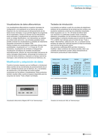 151
5
Diálogo hombre-máquina
†
Teclados de introducción XBL de Telemecanique
Las 3 versiones de teclados
Salidas de tipo: punto común matricial codificado
BCD
Referenciade
teclas
común
Interfaces de diálogo
Visualizadores de datos alfanuméricos
Los visualizadores alfanuméricos muestran mensajes de
configuración y de explotación en el idioma del usuario.
Disponen de una memoria para el almacenamiento de los
textos de los mensajes, lo que permite aligerar los programas
de los autómatas y reducir el volumen de los intercambios
entre autómatas y visualizadores (el autómata se limita a
emitir un código identificativo). Los intercambios se realizan
por enlace serie asíncrono. Las entradas paralelas hacen
posible conectar los visualizadores a unidades de tratamiento
equipadas únicamente con salidas TON.
Ciertos modelos de visualizadores matriciales ofrecen otras
posibilidades: visualización en 1 o 2 líneas de 10 o 20
caracteres, visualización de símbolos e histogramas,
visualización simultánea de variables actualizadas
automáticamente, difusión de macromensajes (secuencia de
varios mensajes relacionados), almacenaje de sucesos con
control de fecha (histórico), impresión en tiempo real de los
mensajes o del contenido de la memoria de históricos, etc.
Modificación y adquisición de datos
Cuando el proceso requiere que se modifiquen o introduzcan
datos (cambio de las coordenadas de posicionamiento de un
móvil, cantidad de piezas que se fabrican, etc.), los teclados
de introducción y los terminales de control pueden
combinarse con los pilotos y visualizadores. Estos productos
también resultan útiles cuando el espacio disponible para los
conjuntos de mando “Todo o Nada” es limitado.
Teclados de introducción
Los teclados se realizan a partir de una placa de elastómero
solidaria de los pulsadores de las teclas que les confiere una
excelente resistencia a todo tipo de ambientes industriales.
Están equipados con 12, 16 o 20 teclas de efecto táctil.
Las versiones no codificadas pueden recibir contactos
plateados compatibles con las entradas de los autómatas
programables o contactos dorados para el control de circuitos
TTL o CMOS. Son idóneas para el control de tipo “Todo o
Nada”: Marcha/Paro, salida de ciclo, etc. La conexión de los
teclados de salida tipo matricial requiere la mitad de entradas
que la de los de tipo punto común.
Las versiones codificadas BCD permiten introducir y
modificar datos numéricos de manera sencilla y fácil. Las
unidades de tratamiento pueden utilizar directamente la
información producida por estos teclados.
Visualizador alfanumérico Magelis XBT-H de Telemecanique
1 2 3
4 5 6
7 8 9
10 11 12
1
2
3
12
1 2 3
4 5 6
7 8 9
10 11 12
Y1 Y2 Y3
X1
X2
X3
X4
1
2
3
12
D C B A
0 1 1 1
1 0 0 0
1 0 0 1
0 1 0 0
1 0 1 1
1
2
3
4
12
 