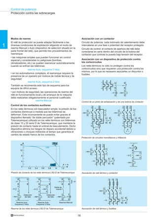 Control de potencia
18
1
†
9695
– KM1– KM1
A1A2
1413
– F1
9798
– KM1
X2X1
– KM1
A1A29695
– F1
9798
1413
– S1
1413
– S1
– F1
– S1
9695
– KM1– KM1
A1A2
9798
– F1
Modos de rearme
El relé de protección se puede adaptar fácilmente a las
diversas condiciones de explotación eligiendo el modo de
rearme Manual o Auto (dispositivo de selección situado en la
parte frontal del relé), que permite tres procedimientos de
rearranque:
• las máquinas simples que pueden funcionar sin control
especial y consideradas no peligrosas (bombas,
climatizadores, etc.) se pueden rearrancar automáticamente
cuando se enfrían las biláminas:
rearme Auto, esquema 3 hilos
• en los automatismos complejos, el rearranque requiere la
presencia de un operario por motivos de índole técnica y de
seguridad:
rearme Auto, esquema 2 hilos
También se recomienda este tipo de esquema para los
equipos de difícil acceso.
• por motivos de seguridad, las operaciones de rearme del
relé en funcionamiento local y de arranque de la máquina
debe realizarlas obligatoriamente el personal cualificado:
rearme Manual
Control de los contactos auxiliares
En los relés térmicos con basculador simple, la presión de los
contactos disminuye a medida que las biláminas se
deforman. Este inconveniente se puede evitar gracias al
dispositivo llamado “de doble percusión” (patentado por
Telemecanique) utilizado en los relés térmicos con biláminas
de clase 10 y 20 serie D de Telemecanique, que mantiene la
presión de contacto hasta el umbral de basculamiento. Dicho
dispositivo elimina los riesgos de disparo accidental debido a
vibraciones o choques indirectos al tiempo que garantiza el
cambio de estado franco de los contactos.
Asociación con un contactor
Circuito de potencia: cada bobinado de calentamiento debe
intercalarse en una fase o polaridad del receptor protegido.
Circuito de control: el contacto de apertura del relé debe
conectarse en serie dentro del circuito de la bobina del
contactor que controla la puesta bajo tensión del receptor.
Asociación con un dispositivo de protección contra
los cortocircuitos
Los relés térmicos no sólo no protegen contra los
cortocircuitos sino que requieren una protección contra los
mismos, por lo que es necesario asociarles un disyuntor o
fusibles.
Protección contra las sobrecargas
Rearme de los relés térmicos LR2-D de Telemecanique
Presión de contacto de los relés térmicos LR2-D de Telemecanique
Asociación de relé térmico y fusibles
1
3
5
2
4
6
– F2
L1
L2
L3
12
34
56
– KM1
A1A2
9798
1314
9695
Rearme Auto
Esquema 2 hilos
Rearme Auto
Esquema 3 hilos
Rearme Manual
Detección
del fallo
Detección
del fallo
Señal de
mando
Monofásico,
continuo
Trifásico
0
4
8
12
16
0,2 0,4 0,6 0,8 In 1,2
K ϫ In
15 g
3 g
LR2
Asociación de relé térmico y contactor
1
3
5
2
4
6
1/L1
3/L2
5/L3
2
4
6
– KM1
– KM1
A1A2
A1A2
9798
1314
9695
9596
– F2
– KM1
1314
1314
– S1
– F2
Protección de circuitos monofásicos y trifásicos
Control de un piloto de señalización y de una bobina de contactor1
3
5
2
4
6
– KM1
A1A2
9798
9695
X1X2
– H1
1
3
5
2
4
6
1/L1
3/L2
5/L3
2
4
6
– KM1
A1A2
9798
1314
9695
M
3
U
W
V
1
3
5
2
4
6
1/L1
5/L2
2
34
6
– KM1
A1A2
9798
1314
9695
M1
A1
A2
 