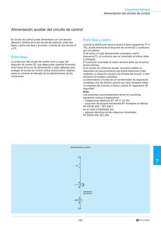 181
Esquemas básicos
7
†
Alimentación del circuito de control
Alimentación auxiliar del circuito de control
El circuito de control puede alimentarse con una tensión
idéntica o distinta de la del circuito de potencia, entre dos
fases o entre une fase y el neutro, a través de dos bornas Cl
y C2.
Entre fases
La protección del circuito de control corre a cargo del
disyuntor de control Q2, que debe poder soportar la tensión
entre fases de la red de alimentación y estar calibrado para
proteger el circuito de control contra cortocircuitos, dejando
pasar la corriente de llamada de los electroimanes de los
contactores.
Alimentación auxiliar
Entre fase y neutro
Cuando la distribución lleva el neutro a tierra (esquemas TT o
TN), puede eliminarse el disyuntor de control Q2 o sustituirse
por una pletina.
Si el neutro no está directamente conectado a tierra
(esquema IT), el conductor que va conectado al mismo debe
ir protegido.
El conductor conectado al neutro siempre debe ser el común
de las bobinas.
Si el circuito de control es amplio, conviene instalar un
dispositivo de seccionamiento que podrá obtenerse o bien
mediante un disyuntor situado a la entrada del circuito, o bien
retirando los fusibles o barretas.
La alimentación a través de un transformador de separación
constituye una red distinta, para la que será necesario elegir
un esquema de conexión a tierra o aplicar la “separación de
seguridad”.
Nota:
Las anteriores recomendaciones tienen en cuenta las
siguientes normas y reglamentos:
– instalaciones eléctricas BT: NF C 15-100,
– conjuntos de equipos industriales BT montados en fábrica:
NF EN 60 439-1, IEC 439-1.
en su caso completadas por:
– equipos eléctricos de las máquinas industriales:
NF EN 60 204, IEC 204.
Dispositivo
de control
9596
– F1
A1A2
– KM1
– Q1
12C1C2
 