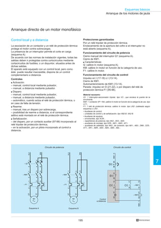 195
Esquemas básicos
7
†
Arranque de los motores de jaula
Arranque directo de un motor monofásico
Control local y a distancia
La asociación de un contactor y un relé de protección térmica
protege el motor contra sobrecargas.
La presencia de un interruptor permite el corte en carga
(esquema A).
De acuerdo con las normas de instalación vigentes, todas las
salidas deben ir protegidas contra cortocircuitos mediante
cortacircuitos de fusibles, o un disyuntor, situados antes de
dichas salidas.
El aparato está equipado con un control local, pero como
éste puede resultar inaccesible, dispone de un control
complementario a distancia.
Controles
q Activación:
– manual, control local mediante pulsador,
– manual, a distancia mediante pulsador.
q Disparo:
– manual, control local mediante pulsador,
– manual, a distancia mediante pulsador,
– automático, cuando actúa el relé de protección térmica, o
en caso de falta de tensión.
q Rearme:
– manual, tras un disparo por sobrecarga,
– posibilidad de rearme a distancia, si el correspondiente
aditivo está montado en el relé de protección térmica.
q Señalización:
– del disparo, por un contacto auxiliar (97-98) incorporado al
relé tripolar de protección térmica,
– en la activación, por un piloto incorporado al control a
distancia.
Protecciones garantizadas
Por un relé tripolar de protección térmica.
Enclavamiento de la apertura del cofre si el interruptor no
está abierto (esquema A).
Funcionamiento del circuito de potencia
Cierre manual del interruptor Q1 (esquema A).
Cierre de KM1.
q Características:
Q: calibre In motor (esquema A).
KM: calibre In motor en función de la categoría de uso.
F1: calibre In motor.
Funcionamiento del circuito de control
Impulso en I (17-18) o I (13-14).
Cierre de KM1.
Automantenimiento de KM1 (13-14).
Parada: impulso en O (21-22), o por disparo del relé de
protección térmica F1 (95-96).
Circuito de control
Esquema A Esquema B
Circuito de potencia
9596
1718
1314
I
O
KM1:5
KM1:1
2122
O
I
1314
– KM1
A1A2
– KM1
X1X2
Control
a distancia
Material necesario:
Q1: 1 interruptor-seccionador tripolar, tipo VC-, que enclava la puerta de la
envolvente.
KM1: 1 contactor 3P + NA, calibre In motor en función de la categoría de uso, tipo
LC1-.
F1: 1 relé de protección térmica, calibre In motor, tipo LR2- (cableado según
esquema) o LR3- .
• Auxiliares de control:
– unidades de control y de señalización, tipo XB2-B, XA2-B.
• Auxiliares de equipos:
– envolventes, tipo ACM…
– repartidores de potencia, tipo AK2-, AK3-, AK5-
– auxiliares de montaje, tipo DZ6-, AM1-, AM3-, AF1-
– auxiliares de cableado, tipo AK2-, de conexión, tipo AB1-, AB3-, DB6-, DZ5-,
AT1-, AR1-, ABR-, ABS-, ABA-, ABE-, ABL-.
2
4
6
2
4
6
1
3
5
– KM1
1/L1
3
5/N
1
3
5
2
4
6
– F1
– Q1
1
5
M1
U1
V1
2
4
6
3
– KM1
1/L1
5/N
1
5
2
4
6
– F1
1
3
5
M1
U1
V1
 