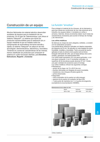 233
Realización de un equipo
8
†
Construcción de un equipo
Cofres metálicos
Dimensiones de los cofres en mm
Altura Anchura Profundidad
300 a 1200 250 a 800 150 y 300
Construcción de un equipo
Muchos fabricantes de material eléctrico desarrollan
auxiliares de equipos para la instalación de sus
productos. Es el caso de Telemecanique, que ofrece el
sistema Telequick®, un sistema que reúne los
productos imprescindibles para la realización de un
equipo mediante el que se instalan todos los
componentes de automatismo de forma sencilla y
rápida. El sistema Telequick® se utiliza en las tres
tecnologías: electromecánica, electrónica y neumática.
Teniendo en cuenta las características de las mismas,
hemos clasificado los productos que componen el
sistema en cuatro funciones distintas, para Envolver,
Estructurar, Repartir y Conectar.
La función “envolver”
Para proteger el material de los choques, de la intemperie y
para que resista las condiciones de uso más extremas de la
industria, los equipos deben ir montados en cofres o
armarios. Además, dichas envolventes deben reunir todas las
características necesarias para acortar el tiempo de montaje
y de intervención.
Los cofres metálicos
Se fabrican en chapa de acero plegada y soldada, y cumplen
con los estándares europeos.
Las puertas llevan refuerzos verticales con taladros separados
por espacios de 25 mm. Se articulan en unas bisagras de acero
inoxidable, invisibles y reversibles. Tanto una junta de caucho
aplicada en todo el contorno de la puerta como la forma
triangular del borde del cofre, que al mismo tiempo sirve como
canalón, garantizan una estanqueidad IP55.
Los cofres están equipados con una placa perforada, o con
una placa compacta, o con 2 montantes verticales. La
superficie útil de las placas puede alcanzar 87 dm2
. Existe
una gran variedad de accesorios para el montaje.
Los cofres metálicos ofrecen las siguientes ventajas:
q Resistencia
– grosor de la chapa: de 12 a 20/10 de mm,
– puertas reforzadas con bisagras de acero inoxidable,
– resistencia a los choques 20 julios (grado 9),
– pintura texturizada.
q Seguridad
– cierre automático de la puerta con sólo empujar,
– apertura de la puerta con pulsador de llave 455,
– 1 solo punto de maniobra con 1 o 2 puntos de enganche
(cumpliendo la recomendación CNOMO).
 
