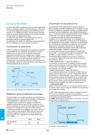 260
9
Normas y definiciones
†
AC-3
8
10
AC-4
10
12
PF / Ie y PC / Ie
PF / Ie
La norma IEC 60947
La norma IEC 60947 constituye la primera etapa significativa
hacia un verdadero estándar internacional que no sólo tiene
en cuenta las exigencias europeas, sino también las de las
normas UL (1), NEMA (2) (USA) y JIS (3) (Japón). Recoge
todas las recomendaciones relativas a los equipos eléctricos
de baja tensión en siete publicaciones.
La publicación IEC 60947-1 está dedicada a las normas
generales relativas a todos los equipos BT.
La publicación IEC 60947-4-1 define las normas específicas
de los contactores y los arrancadores de motores.
Coordinación de aislamiento
Define los niveles de sobretensión que soportan los distintos
componentes de una instalación. Se sustituye el ensayo
dieléctrico de un producto por un ensayo a la tensión
asignada de resistencia a los choques que se realiza
aplicando una onda de tensión 1,2/50 µs (ver gráfico inferior).
Esta nueva noción, en la que intervienen el grado de
contaminación y el índice de resistencia a la conducción de
los materiales, influye en la elección de los materiales y en el
dimensionamiento de los productos.
Normas
Ensayo a la tensión asignada de resistencia a los choques
Coordinación de las protecciones
La coordinación de las protecciones es el arte de asociar un
DPCC (fusibles o disyuntor magnético) con un contactor y un relé
térmico. Su objetivo es interrumpir, a tiempo y sin peligro para las
personas ni para las instalaciones, una corriente de sobrecarga
(de 1 a 10 veces la corriente nominal del motor) o una corriente de
cortocircuito ( 10 veces la corriente nominal del motor).
La corriente presumible de cortocircuito caracteriza la
instalación en un punto determinado. Es el resultado de un
cálculo en el que intervienen la potencia de la red, la tensión y
las impedancias en línea (cables, conexiones, transformadores,
etc.). El ensayo de coordinación se realiza con una corriente
asignada de cortocircuito convencional “Iq” definida por el
fabricante del material (por ejemplo, 50 kA a 380 V para una
salida-motor fusibles + contactor + relé térmico).
La norma introduce una nueva corriente de cortocircuito
presumible “r” que depende del calibre de empleo AC-3 del
aparato, r  Iq (por ejemplo, para 63 A, r = 3 kA). La
coordinación debe verificarse a la vez para Ir y para Iq.
La norma IEC 60947 define dos tipos de coordinación de
arrancadores - DPCC:
– tipo 1 (antiguamente “a” según IEC 60292-1)
En condición de cortocircuito, el material no debe ocasionar
peligro para las personas ni para las instalaciones. Tras el
cortocircuito, es posible que no pueda volver a funcionar sin
ser reparado o sin cambiar piezas.
– tipo 2 (antiguamente “c” según IEC 60292-1)
En condición de cortocircuito, el material no debe ocasionar
peligro para las personas ni para las instalaciones. Tras el
cortocircuito, no debe presentar ningún deterioro o desajuste.
Sólo se admite el riesgo de soldadura de los contactos del
contactor a condición de que puedan separarse fácilmente.
No se permite ningún cambio de piezas durante el ensayo,
excepto el de los fusibles, que deben cambiarse todos.
– coordinación total
Según la Norma IEC 60947-6-2, en caso de cortocircuito no
se admite ningún daño ni riesgo de soldadura en los aparatos
que constituyen la salida.
Coordinación de las protecciones
(1) UL: Underwriters Laboratories, creados a principios de siglo en
EE.UU. por las compañías de seguros contra incendios, a
consecuencia de varios siniestros que se produjeron en los principios
de la utilización del alumbrado eléctrico.
(2) NEMA: National Electrical Manufacturers Association, asociación
de fabricantes de material eléctrico.
(3) JIS: Japanese Industrial Standard, normas industriales japonesas.
zona de acción
del DPCC
Uimp (kV)
onda 1,2/50µs
tiempo (µs)
50 µs
1,2 µs
normal sobrecarga cortocircuito
tiempo
zona de acción
del relé térmico
PC del contactor
múltiplos de Ir
Modificación de los procedimientos de ensayos
El ensayo de tipo con muestra se sustituye por secuencias de
ensayos en serie con muestra. Se han aportado modificaciones
a los procedimientos, además de nuevos ensayos:
– establecimiento y corte de la corriente con idénticas
relaciones entre poder de cierre (PF)/Ie y poder de corte
(PC)/Ie cualquiera que sea la corriente asignada de empleo,
además de un ensayo de PF solo (ver cuadro inferior),
– además del ensayo de durabilidad a los valores de uso, un
nuevo ensayo convencional de 6000 ciclos de maniobras
(corriente cortada 2 Ie en AC-3 y 6 Ie en AC-4) tras los
ensayos de PF y PC, seguido de un ensayo dieléctrico a
2 Ui + 1000 V.
100%
90%
50%
10%
 