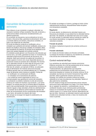 Control de potencia
50†
1
1,75
1,50
1,25
1
0,95
0,75
0,50
0,25
0
0
25
30
50
60
67
80
75
90
100
120
110
132 (Hz)
0
2 41
3
Convertidor de frecuencia para motor
asíncrono
Para obtener un par constante a cualquier velocidad, es
necesario mantener el flujo constante. Para ello, la tensión y
la frecuencia deben evolucionar simultáneamente y en
idéntica proporción.
El convertidor de frecuencia, que se alimenta en la red a
tensión y frecuencia fijas, garantiza la alimentación del motor
a corriente alterna con tensión y frecuencia variables, en
base a las exigencias de velocidad.
El circuito de potencia consta de un rectificador y de un
ondulador que, partiendo de la tensión rectificada, produce una
tensión de amplitud y frecuencia variables. El ondulador utiliza
seis transistores de potencia. El principio de la regulación es el
mismo del variador-regulador de corriente continua.
El ondulador puede generar una frecuencia más elevada que
la de la red y, por tanto, garantizar al motor un incremento de
velocidad proporcional al incremento de frecuencia. No
obstante, dado que la tensión de salida del convertidor no
puede superar a la de la red, el par disponible decrece en
proporción inversa al aumento de la velocidad. Por encima
de su velocidad nominal, el motor deja de funcionar a par
constante para hacerlo a potencia constante (P = C␻).
Este tipo de variador, por ejemplo el Altivar, es adecuado
para la alimentación de motores asíncronos de jaula.
El Altivar permite crear una minirred eléctrica de U y f variables,
capaz de alimentar varios motores en paralelo. Consta de:
– un rectificador con condensador de filtrado,
– un ondulador con 6 transistores de potencia,
– una unidad de control organizada en torno a un
microprocesador que garantiza el control del ondulador.
La ondulación se obtiene mediante el corte de la tensión
continua por medio de impulsos cuya duración, y por tanto
longitud, se modula para que la corriente alterna resultante
sea lo más senoidal posible. Esta característica condiciona la
rotación regular a baja velocidad y limita los calentamientos.
La inversión de la señal de control implica la inversión del
orden de funcionamiento de los componentes del ondulador
y, por tanto, del sentido de rotación del motor.
Dos rampas se encargan de regular la aceleración y la
deceleración.
El variador se protege a sí mismo y protege al motor contra
calentamientos excesivos, bloqueándose hasta recuperar
una temperatura aceptable.
Regulación
En bucle abierto, la referencia de velocidad impone una
frecuencia al ondulador, lo que determina la velocidad teórica
del motor. No obstante, la velocidad real varía con la carga.
En bucle cerrado, la velocidad real se controla por medio de
una dinamo tacométrica. La regulación garantiza una
velocidad constante.
Frenado de parada
Se obtiene mediante la inyección de corriente continua en
el motor.
Frenado ralentizado
Un módulo de frenado realiza una frenada controlada.
La energía de frenado se disipa en una resistencia conectada
a las bornas del condensador de filtrado.
Control vectorial del flujo
Los variadores de velocidad para motores asíncronos
trifásicos aumentan día a día las prestaciones de los motores
asíncronos utilizados a velocidad variable.
Tradicionalmente, las aplicaciones que requerían
prestaciones de accionamiento de alto nivel recurrían a
soluciones basadas en motores de corriente continua. En la
actualidad, las técnicas de Control Vectorial de Flujo (CVF)
permiten utilizar igualmente motores asíncronos. Sin
embargo, los motores de corriente continua se siguen
utilizando en el caso de potencias muy elevadas, debido al
alto coste de los variadores.
El CVF amplía el rango de funcionamiento de los motores
asíncronos hacia velocidades muy bajas. Si el motor dispone
de un captador de posición y, eventualmente, de una
ventilación forzada, el par nominal puede suministrarse
incluso en el momento de la parada, con un par transitorio
máximo igual a 2 o 3 veces el par nominal, dependiendo del
tipo de motor. Asimismo, la velocidad máxima suele alcanzar
el doble de la velocidad nominal, o más si la mecánica del
motor lo permite.
Arrancadores y variadores de velocidad electrónicos
Par
M/Mn
Velocidad
(50 Hz)
(60 Hz)
1 motor autoventilado (a)
2 motor motoventilado (a)
(a) par útil permanente
3 sobrepar transitorio
4 par en sobrevelocidad
con potencia constante
Características de par con el ATV 58 Variadores ATV 18 y ATV 58 de Telemecanique
N
 