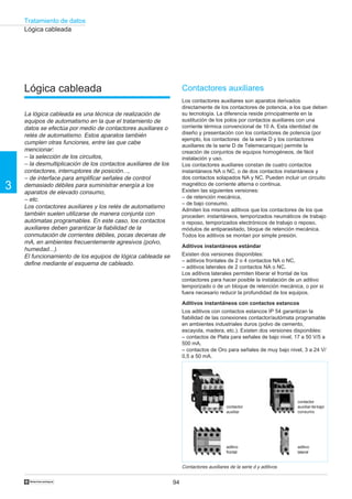 Tratamiento de datos
94
3
†
Lógica cableada
La lógica cableada es una técnica de realización de
equipos de automatismo en la que el tratamiento de
datos se efectúa por medio de contactores auxiliares o
relés de automatismo. Estos aparatos también
cumplen otras funciones, entre las que cabe
mencionar:
– la selección de los circuitos,
– la desmultiplicación de los contactos auxiliares de los
contactores, interruptores de posición...,
– de interface para amplificar señales de control
demasiado débiles para suministrar energía a los
aparatos de elevado consumo,
– etc.
Los contactores auxiliares y los relés de automatismo
también suelen utilizarse de manera conjunta con
autómatas programables. En este caso, los contactos
auxiliares deben garantizar la fiabilidad de la
conmutación de corrientes débiles, pocas decenas de
mA, en ambientes frecuentemente agresivos (polvo,
humedad...).
El funcionamiento de los equipos de lógica cableada se
define mediante el esquema de cableado.
Contactores auxiliares
Los contactores auxiliares son aparatos derivados
directamente de los contactores de potencia, a los que deben
su tecnología. La diferencia reside principalmente en la
sustitución de los polos por contactos auxiliares con una
corriente térmica convencional de 10 A. Esta identidad de
diseño y presentación con los contactores de potencia (por
ejemplo, los contactores de la serie D y los contactores
auxiliares de la serie D de Telemecanique) permite la
creación de conjuntos de equipos homogéneos, de fácil
instalación y uso.
Los contactores auxiliares constan de cuatro contactos
instantáneos NA o NC, o de dos contactos instantáneos y
dos contactos solapados NA y NC. Pueden incluir un circuito
magnético de corriente alterna o continua.
Existen las siguientes versiones:
– de retención mecánica,
– de bajo consumo.
Admiten los mismos aditivos que los contactores de los que
proceden: instantáneos, temporizados neumáticos de trabajo
o reposo, temporizados electrónicos de trabajo o reposo,
módulos de antiparasitado, bloque de retención mecánica.
Todos los aditivos se montan por simple presión.
Aditivos instantáneos estándar
Existen dos versiones disponibles:
– aditivos frontales de 2 o 4 contactos NA o NC,
– aditivos laterales de 2 contactos NA o NC.
Los aditivos laterales permiten liberar el frontal de los
contactores para hacer posible la instalación de un aditivo
temporizado o de un bloque de retención mecánica, o por si
fuera necesario reducir la profundidad de los equipos.
Aditivos instantáneos con contactos estancos
Los aditivos con contactos estancos IP 54 garantizan la
fiabilidad de las conexiones contactor/autómata programable
en ambientes industriales duros (polvo de cemento,
escayola, madera, etc.). Existen dos versiones disponibles:
– contactos de Plata para señales de bajo nivel, 17 a 50 V/5 a
500 mA,
– contactos de Oro para señales de muy bajo nivel, 3 a 24 V/
0,5 a 50 mA.
Lógica cableada
Contactores auxiliares de la serie d y aditivos
aditivo
lateral
aditivo
frontal
contactor
auxiliar
contactor
auxiliardebajo
consumo
 