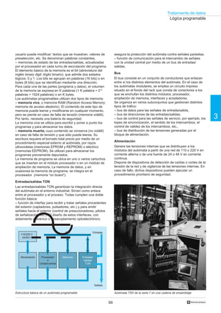Tratamiento de datos
99
3
†
usuario puede modificar: textos que se muestran, valores de
preselección, etc. Se denominan palabras constantes,
– memorias de estado de las entradas/salidas, actualizadas
por el procesador en cada turno de escrutación del programa.
El elemento básico de la memoria es el bit (abreviatura del
inglés binary digit: dígito binario), que admite dos estados
lógicos: 0 y 1. Los bits se agrupan en palabras (16 bits) o en
bytes (8 bits) que se identifican mediante una dirección.
Para cada una de las partes (programa y datos), el volumen
de la memoria se expresa en K palabras (1 K palabra = 210
palabras = 1024 palabras) o en K bytes.
Los autómatas programables utilizan dos tipos de memoria:
– memoria viva, o memoria RAM (Random Access Memory:
memoria de acceso aleatorio). El contenido de este tipo de
memoria puede leerse y modificarse en cualquier momento,
pero se pierde en caso de falta de tensión (memoria volátil).
Por tanto, necesita una batería de seguridad.
La memoria viva se utiliza para escribir y poner a punto los
programas y para almacenar los datos.
– memoria muerta, cuyo contenido se conserva (no volátil)
en caso de falta de tensión y que sólo puede leerse. Su
escritura requiere el borrado total previo por medio de un
procedimiento especial externo al autómata, por rayos
ultravioletas (memorias EPROM y REPROM) o eléctrico
(memorias EEPROM). Se utilizan para almacenar los
programas previamente depurados.
La memoria de programa se ubica en uno o varios cartuchos
que se insertan en el módulo procesador o en un módulo de
ampliación de memoria. La memoria de datos, y en
ocasiones la memoria de programa, se integra en el
procesador (memoria “on board”).
Entradas/salidas TON
Las entradas/salidas TON garantizan la integración directa
del autómata en el entorno industrial. Sirven como enlace
entre el procesador y el proceso. Todas cumplen una doble
función básica:
– función de interfaz para recibir y tratar señales procedentes
del exterior (captadores, pulsadores, etc.) y para emitir
señales hacia el exterior (control de preaccionadores, pilotos
de señalización, etc.). El diseño de estos interfaces, con
aislamiento galvánico o desacoplamiento optoelectrónico,
asegura la protección del autómata contra señales parásitas.
– función de comunicación para el intercambio de señales
con la unidad central por medio de un bus de entradas/
salidas.
Bus
El bus consiste en un conjunto de conductores que enlazan
entre sí los distintos elementos del autómata. En el caso de
los autómatas modulares, se emplea un circuito impreso
situado en el fondo del rack que consta de conectores a los
que se enchufan los distintos módulos: procesador,
ampliación de memoria, interfaces y acopladores.
Se organiza en varios subconjuntos que gestionan distintos
tipos de tráfico:
– bus de datos para las señales de entrada/salida,
– bus de direcciones de las entradas/salidas,
– bus de control para las señales de servicio, por ejemplo, los
topes de sincronización, el sentido de los intercambios, el
control de validez de los intercambios, etc.,
– bus de distribución de las tensiones generadas por el
bloque de alimentación.
Alimentación
Genera las tensiones internas que se distribuyen a los
módulos del autómata a partir de una red de 110 o 220 V en
corriente alterna o de una fuente de 24 o 48 V en corriente
continua.
Dispone de dispositivos de detección de caídas o cortes de la
tensión de la red y de vigilancia de las tensiones internas. En
caso de fallo, dichos dispositivos pueden ejecutar un
procedimiento prioritario de seguridad.
Estructura básica de un autómata programable Autómata TSX de la serie 7 en una cadena de ensamblaje
Lógica programable
110/220 V ©
24/48 V æ
Alimentación Procesador
o
Unidadcentral
Memoria Entradas/
salidas
TON
Bus Entradas
Salidas
 
