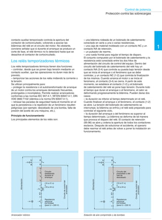 Control de potencia 
1 
contacto auxiliar temporizado controla la apertura del 
contactor de cortocircuitado, volviendo a asociar las 
biláminas del relé en el circuito del motor. No obstante, 
conviene señalar que si durante el arranque se produce un 
corte de fase, el relé térmico no lo detectará hasta que se 
desactive el contactor de cortocircuitado. 
Los relés temporizadores térmicos 
Los relés temporizadores térmicos tienen dos funciones: 
– controlar, desde que se ponen bajo tensión mediante un 
contacto auxiliar, que las operaciones no duren más de lo 
previsto, 
– temporizar las acciones de los relés midiendo la corriente o 
la tensión. 
Se utilizan principalmente para: 
– proteger la resistencia o el autotransformador de arranque 
de un motor contra los arranques demasiado frecuentes, 
prolongados o incompletos. Permite realizar arrancadores 
conformes a las normas IEC 947-4-1, NF/EN 60947-4-1, DIN 
VDE 0660 T102 (idéntica a la norma EN 60947-4-1), 
– retrasar las paradas de seguridad hasta el momento en el 
que la persistencia o la repetición de un fenómeno resulten 
peligrosas (por ejemplo: descebado de una bomba, falta de 
presión del aceite de una máquina, etc.). 
Principio de funcionamiento 
Los principales elementos de los relés son: 
98 97 
– F2 
– H1 
– F2 95 96 
4 3 6T3 2 
1 l2 l1 l4 l3 
– R 
Protección contra las sobrecargas 
– una bilámina rodeada de un bobinado de calentamiento 
conectado en serie a una o varias resistencias, 
– una caja de material moldeado con un contacto NC y un 
contacto NA de retención, 
– un pulsador de rearme, 
– una rueda frontal para regular el tiempo de disparo. 
El conjunto compuesto por el bobinado de calentamiento y la 
resistencia está conectado entre los dos hilos de 
alimentación del circuito de control del equipo. Dentro del 
circuito del bobinado de calentamiento del relé hay un 
contacto NA (3-4) que controla su puesta bajo tensión desde 
que se inicia el arranque o el fenómeno que se debe 
controlar, y un contacto NC (1-2) que controla la finalización 
de los mismos. Cuando arranca el motor o se inicia el 
fenómeno, el contacto (3-4) se cierra. A partir de este 
momento, se establece el contacto (1-2) y el bobinado 
de calentamiento del relé se pone bajo tensión. Durante todo 
el tiempo que duran el arranque o el fenómeno, el calor va 
deformando progresivamente la bilámina. Pueden darse dos 
casos: 
– la duración es inferior al tiempo determinado en el relé. 
Cuando finalizan el arranque o el fenómeno, el contacto (1-2) 
se abre. La tensión del bobinado de calentamiento se 
interrumpe, la bilámina se enfría y el relé está preparado para 
controlar el siguiente ciclo, 
– la duración del arranque o del fenómeno es superior al 
tiempo determinado. La bilámina se deforma de tal manera 
que provoca el disparo del relé. El contacto de retención 
(95-96) se abre y ordena la apertura de todos los contactores 
esclavos. Después de solucionar el accidente, el operario 
debe rearmar el relé antes de volver a poner la instalación en 
funcionamiento. 
98 97 
– F2 
– H1 
96 95 
4 3 6T3 2 
1 
– F2 
– R 
Circuito 
establecido 
durante el 
arranque 
Circuito del 
presostato o del 
relé de 
descebado 
(10 a 21 s) 
o 
(18 a 24 s) 
Resistencia 
adicional 
EXTERNA 
(para U > 220 V) 
(10 a 21 s) 
o 
(18 a 24 s) 
Resistencia 
adicional 
EXTERNA 
(para U > 220 V) 
Alimentación 
Circuito de control del 
arrancador 
Alimentación 
Arrancador rotórico Estación de aire comprimido o de bombeo 
Circuito de control del 
arrancador 
 