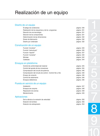 Esquemas básicos 
7 
Medida de la corriente, de la tensión y de la frecuencia 
Amperímetro con conmutador de fases Voltímetro con conmutador de fases 
L1 
L2 
L3 
1 2 
3 4 
5 6 
Ph 1.2 
Ph 2.3 
Ph 3.1 
7 8 
2 1 
V 
L1 
F 
L2 
1 2 
Medida entre fases 
L1 
L2 
L3 
1 2 
3 4 
Ph 1.N 
Ph 2.N 
Ph 3.N 
5 6 
V 
N 
1 2 
Medida entre fases 
y neutro 
Frecuencímetro 
Amperímetro con conmutador de fases – Red 
desequilibrada 
A través de un conmutador, el amperímetro se conecta 
sucesivamente a cada fase y controla la corriente que la 
atraviesa. 
Utilización en redes susceptibles de desequilibrio. 
Funcionamiento 
En cada posición del conmutador S3: 
– el amperímetro se conecta a un transformador de corriente, 
– los otros dos transformadores de corriente quedan 
cortocircuitados. 
Material necesario: 
3 transformadores de corriente cuyo primario esté adaptado a la corriente nominal 
y cuyo secundario dependerá de las características del amperímetro. 
1 amperímetro ferromagnético con escala de lectura en función de las caracterís-ticas 
del receptor. 
1 conmutador de 3 posiciones y 6 contactos solapados, tipo XBC. 
Voltímetro con conmutador de fases 
Medida entre fases 
Por medio de un conmutador S4, el voltímetro se conecta 
sucesivamente entre dos fases cuya tensión mide. 
Material necesario: 
1 voltímetro ferromagnético adaptado a la tensión de la red. 
1 conmutador de 3 posiciones y 4 contactos sin solapamiento. 
Medida entre fases y neutro 
Mismo principio que anteriormente, sólo que la medida se 
efectúa entre fases y neutro. 
Material necesario: 
1 voltímetro ferromagnético adaptado a la tensión de la red. 
1 conmutador de 3 posiciones y 3 contactos sin solapamiento, tipo XBC. 
Frecuencímetro 
El frecuencímetro se conecta, sin precauciones particulares, 
entre las fases de una red alterna. 
Material necesario: 
1 frecuencímetro de hojas o agujas. 
Aparatos de medida 
S3 
S4 
S5 
1/L1 
3/L2 
5/L3 
2 
4 
6 
– KM1 
– T1 
2 1 
S1 
4 3 
S1 
6 5 
– T2 
– T3 
S2 
S2 
S1 
S2 
1 2 
3 4 
5 6 
7 8 
9 10 
Ph 1 
Ph 2 
Ph 3 
11 12 
2 1 
A 
 