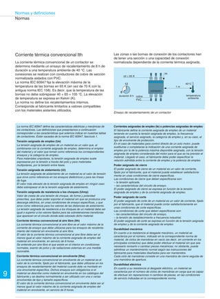 9 
Normas y definiciones 
Normas internacionales y nacionales Organismos internacionales y nacionales 
Familias de productos Normas 
internacionales 
Normas 
españolas** 
Autómatas programables UNE-EN 6131 
Canalizaciones 
prefabricadas 
IEC 60439-2 UNE-EN 60439-2 
Contactores IEC 60947-4-1 UNE-EN 60947-4-1 
Contactores auxiliares IEC 60947-5-1 UNE-EN 60947-5-1 
Aparatos de control 
y protección (integral) 
IEC 60947-6-2 
Arrancadores-motores IEC 60947-4-1 UNE-EN 60947-4-1 
IEC 60947-5-2 UNE-EN 60947-5-2 
Detectores 
Equipos eléctricos 
de máquinas 
IEC 60204-1 UNE-EN 60204-1 
Conjuntos de equipos de BT IEC 60439 
Interruptores de posición IEC 60947-5-1 UNE-EN 60947-5-1 
Relés todo o nada IEC 60255-1-00 UNE 21136 
Seccionadores IEC 60947-3 UNE-EN 60947-3 
Unidades de mando 
y de señalización 
IEC 60947-5-1 UNE-EN 60947-5-1 
Variadores de velocidad IEC 60146 UNE 20846 
Normas de instalación IEC 60364-1 a 7 UNE 20460-1a7 
ANSI 
SAA 
ASE 
BSI 
CEI 
CENELEC 
CSA 
DS 
DIN/VDE 
GOST 
IEC 
JISC 
CEB 
NEK 
NEN 
UTE 
EE.UU. 
Australia 
Suiza 
GB 
Italia 
Europa 
Canadá 
Dinamarca 
RFA 
C.E.I. 
Mundo 
Japón 
Bélgica 
Noruega 
Países 
Bajos 
Francia 
OVE Austria 
SEK Suecia 
SETI Finlandia 
UNE España 
Lloyds Register 
of Shipping 
Registro Italiano 
Navale 
Germanischer 
Lloyd 
Register 
of Shipping 
Nippon Kaiji 
Kyokaï 
Det Norske 
Veritas 
Bureau 
Veritas 
Disyuntores IEC 60947-2 UNE-EN 60947-2 
Interruptores -seccionadores IEC 60947-3 
UNE-EN 60947-3 
** Las normas UNE-EN... se corresponden con las normas europeas 
y las normas UNE... con las normas IEC. 
En algunos países, es obligatoria la certificación de determinados 
componentes eléctricos, que se materializa en un certificado de 
conformidad con la norma expedido por el organismo oficial. 
Observación relativa a la etiqueta otorgada por Underwriters 
Laboratories (UL). Deben distinguirse dos niveles de aceptación: 
“Recognized” (R) 
El componente es totalmente válido para ser incorporado en los equipos 
realizados en los talleres, donde el fabricante de equipos conoce los 
límites de empleo y donde su utilización dentro de tales límites resulta 
aceptable para los UL. 
El componente no es apto para ser utilizado como “producto de uso 
general” debido a que es incompleto por sus características de 
fabricación o a que tiene posibilidades limitadas. 
El componente “Recognized” no lleva obligatoriamente la sigla de 
certificación. 
“Listed” (UL) 
El componente cumple con todas las exigencias de la clasificación 
relativa al mismo y por lo tanto puede utilizarse tanto como “Producto de 
uso general” como componente de un equipo. El componente “Listed” 
debe llevar la sigla de certificación. 
Normas 
IEC 61131 
UNE-EN 60947-6-2 
Interfaces hombre-máquina IEC 60447 UNE 20128 
País 
UNE-EN 60439 
Sigla del 
organismo de 
normalización Homologaciones 
Empresas de 
clasificación de 
barcos 
Marcas de conformidad 
UL 
 