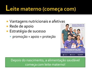    Vantagens nutricionais e afetivas
   Rede de apoio
   Estratégia de sucesso
     promoção + apoio + proteção




    Depois do nascimento, a alimentação saudável
             começa com leite materno!
 
