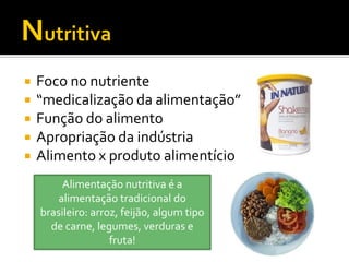    Foco no nutriente
   “medicalização da alimentação”
   Função do alimento
   Apropriação da indústria
   Alimento x produto alimentício
         Alimentação nutritiva é a
        alimentação tradicional do
    brasileiro: arroz, feijão, algum tipo
      de carne, legumes, verduras e
                    fruta!
 