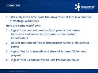 Scenarios 
• FileCatalyst can accelerate the movement of files in a number 
of Vantage Workflows. 
Here are some workflows: 
1. Ingest from content creators/post production house, 
transcode and deliver to post production house/ 
broadcasters. 
2. Deliver transcoded files to broadcaster running FileCatalyst 
Server 
3. Ingest files for transcode and store of Amazon S3 for web 
playout. 
4. Ingest from S3 and deliver to Post Production house. 
13 | © Copyright FileCatalyst, 2013 
 