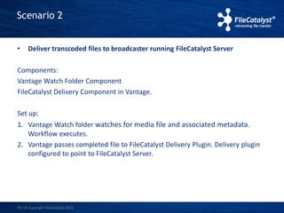 Scenario 2 
• Deliver transcoded files to broadcaster running FileCatalyst Server 
Components: 
Vantage Watch Folder Component 
FileCatalyst Delivery Component in Vantage. 
Set up: 
1. Vantage Watch folder watches for media file and associated metadata. 
Workflow executes. 
2. Vantage passes completed file to FileCatalyst Delivery Plugin. Delivery plugin 
configured to point to FileCatalyst Server. 
16 | © Copyright FileCatalyst, 2013 
 