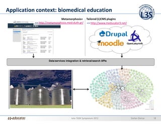 Application context: biomedical education
                              Metamorphosis+         Tailored (L)CMS plugins
           => http://metamorphosis.med.duth.gr/      => http://www.meducator3.net/




                     Data/services integration & retrieval/search APIs




                                        tele-TASK Symposium 2012                     Stefan Dietze   18
 