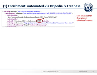 (1) Enrichment: automated via DBpedia & Freebase

                                                   Semi-structured RDF
                                                   description of
                        ?                          educational resource




                        tele-TASK Symposium 2012     Stefan Dietze        21
 