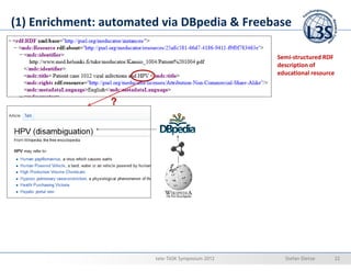 (1) Enrichment: automated via DBpedia & Freebase

                                                   Semi-structured RDF
                                                   description of
                                                   educational resource



                 ?




                        tele-TASK Symposium 2012     Stefan Dietze        22
 