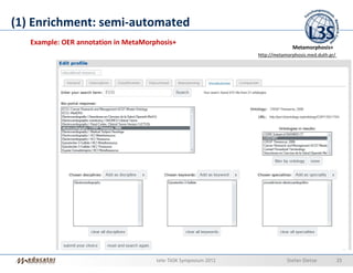 (1) Enrichment: semi-automated
   Example: OER annotation in MetaMorphosis+
                                                                               Metamorphosis+
                                                                 http://metamorphosis.med.duth.gr/




                                      tele-TASK Symposium 2012               Stefan Dietze           25
 