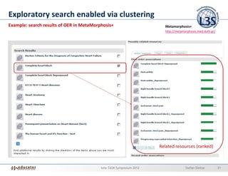 Exploratory search enabled via clustering
Example: search results of OER in MetaMorphosis+                       Metamorphosis+
                                                                       http://metamorphosis.med.duth.gr/




                                                                     Related resources (ranked)



                                          tele-TASK Symposium 2012                  Stefan Dietze          31
 