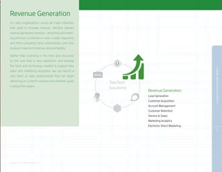 Revenue Generation
For sales organizations across all major industries
that need to increase revenue, TeleTech delivers
revenue generation services – attracting and retain-
ing premium customers in new market segments
and then cultivating these relationships until they
produce maximum revenue and profitability.

Rather than investing in the time and resources
to hire and train a new salesforce, and develop
the tools and technology needed to support new




                                                                                                 MAKING AMBITOUS GOALS REALITY
sales and marketing programs; we can launch a
new team of sales professionals that can begin
delivering on a client’s revenue and retention goals
                                                       TeleTech
in about five weeks.
                                                       Solutions
                                                                   Revenue Generation
                                                                   Lead Generation
                                                                   Customer Acquisition
                                                                   Account Management
                                                                   Customer Retention
                                                                   Service to Sales
                                                                   Marketing Analytics
                                                                   Electronic Direct Marketing
                                                                                                  7




Copyright 2010 © TeleTech Holdings, Inc.
 