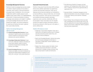 Knowledge Management Services                                         Associate Productivity Suite                                          •   Event Monitoring: Workforce managers and team
                                                                                                                                                                                                                                supervisors can manage service center metrics in real
                                                                                TeleTech’s hosted knowledge base services enable                      TeleTech’s Associate Productivity Suite (APS) software
                                                                                                                                                                                                                                time vs. waiting for reports that are generated after an
                                                                                our clients to respond quickly and accurately to                      drives service delivery optimization by streamlining                      opportunity is lost.
                                                                                customers, which results in improved resolutions                      customer and associate interactions. APS can be
                                                                                and greater levels of satisfaction. Our community                     deployed across associate desktops and workstations                   •   Associate Notices: A broadcast messaging tool that
                                                                                collaboration platform enables groups to work                         to improve efficiency, reduce handle times, and increase                  allows the transmission of one-way messages to groups
                                                                                together across contact centers, or in a TeleTech@Home                first contact resolutions. APS improves communication                     of associates. Notices can be real-time, scheduled,
                                                                                environment, to improve productivity by sharing                       and workflow processes between associates,                                or recurring.

                                                                                knowledge, best practices, and insights. In addition,                 supervisors, and customers. Additionally, APS can
                                                                                                                                                                                                                            •   Secure Notepad: Secure Notepad provides associates
                                                                                our Social Knowledge Services drive real-time                         be leveraged to teach associates new and valuable
                                                                                                                                                                                                                                with a standardized tool for entering notes during a call
                                                                                answers and insights, and improve satisfaction                        process and support program techniques outside of
C OM P R E H E NSI V E C U S TOM E R A N D E N T E R P R I S E S OLU T I ON S




                                                                                                                                                                                                                                and then pasting them into various desktop applications.
                                                                                by capturing and sharing information collected                        the learning classroom, while they are on the sales or                    Notes cannot be saved, making them ideal for programs
                                                                                from social media channels.                                           service delivery floor.                                                   that have privacy requirements.

                                                                                TeleTech Knowledge Management                                         TeleTech APS features include:
                                                                                offerings include:                                                       •   Single Sign-on and Surface Integration: Fewer sign in
                                                                                 1 Hosted Knowledge Base Solutions: Enable                                   requirements and desktop windows result in increased
                                                                                    associates to respond quickly and accurately to                          associate productivity, shorter handle times, and
                                                                                    customer inquiries for improved first contact                            improved customer satisfaction.
                                                                                    resolutions and customer satisfaction.
                                                                                                                                                         •   Search and Knowledge Navigator: Solutions that quickly
                                                                                 2 Knowledge Collaboration Solutions: Enable                                 promote the right knowledge and information to
                                                                                    community collaboration between associates and                           associates to enable better customer satisfaction and
                                                                                    across service delivery centers to improve                               faster resolutions.
                                                                                    productivity through shared knowledge, best
                                                                                    practices, and insights.                                             •   Sidebar Tools: Desktop sidebars that deliver critical
                                                                                                                                                             workflow and process information to associates,
                                                                                 3 Social Knowledge Services: Drive real-time                                allowing them to navigate complex processes using
                                                                                    answers and insights, and improve satisfaction by                        step-by-step decision models and frameworks.
                                                                                    capturing and disseminating knowledge from the
                                                                                    client’s own customers’ social media interactions.
            17

                                                                                                                                                             Knowledge Management Services
                                                                                                                                                             TeleTech’s hosted knowledge base services enable our clients to respond quickly and accurately to customers, which
                                                                                                                                         QUICK READ




                                                                                                                                                             results in improved resolutions and greater levels of satisfaction.

                                                                                                                                                             Associate Productivity Suite
                                                                                                                                                             Associate Productivity Suite (APS) can be deployed across associate desktops and workstations to improve efficiency,
                                                                                                                                                             reduce handle times, and increase first contact resolutions. APS improves communication and workflow processes
                                                                                                                                                             between associates, supervisors, and customers.
 