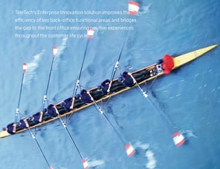 TeleTech’s Enterprise Innovation solution improves the
     efficiency of key back-office functional areas and bridges
     the gap to the front office ensuring positive experiences
     throughout the customer life cycle.




19
 