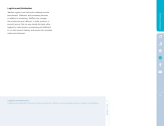 Logistics and Distribution
TeleTech logistics and distribution offerings include




                                                                                                                                         HOSTED TECHNOLOGY
procurement, fulfillment, and processing services
in addition to scheduling. TeleTech can manage
the provisioning and fulfillment of faulty products or
product returns. We can also handle the back-office
support for client product provisioning and fulfillment
for on-time product delivery and ensure that cancelled
orders are minimized.




                                                                                                                                         22

Logistics and Distribution
Logistics and distribution offerings include procurement, fulfillment, and processing services in addition to scheduling.
                                                                                                                            QUICK READ
 