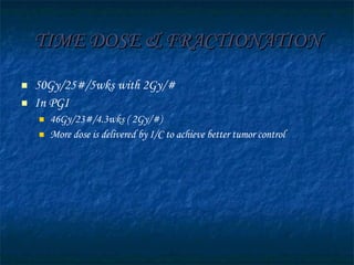 TIME DOSE & FRACTIONATION 50Gy/25#/5wks with 2Gy/# In PGI 46Gy/23#/4.3wks ( 2Gy/#) More dose is delivered by I/C to achieve better tumor control 