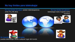 No hay límites de edad: existen teletrabajadores
entre 16 y 80 años
No hay límites para teletrabajar
No importa el lugar donde estés:
puedes teletrabajar desde cualquier lugar del mundo
No hay límites de género:
teletrabajan tanto mujeres como
hombres
 